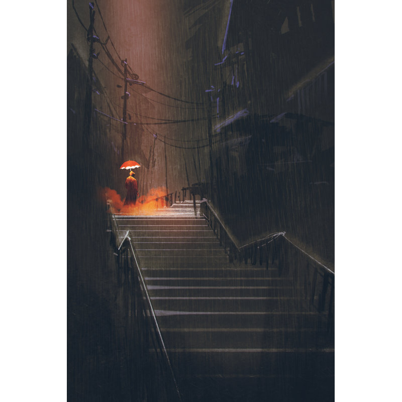 «Man with Umbrella» par Grandfailure - peinture sur toile tendue, L 32 po x H 48 po