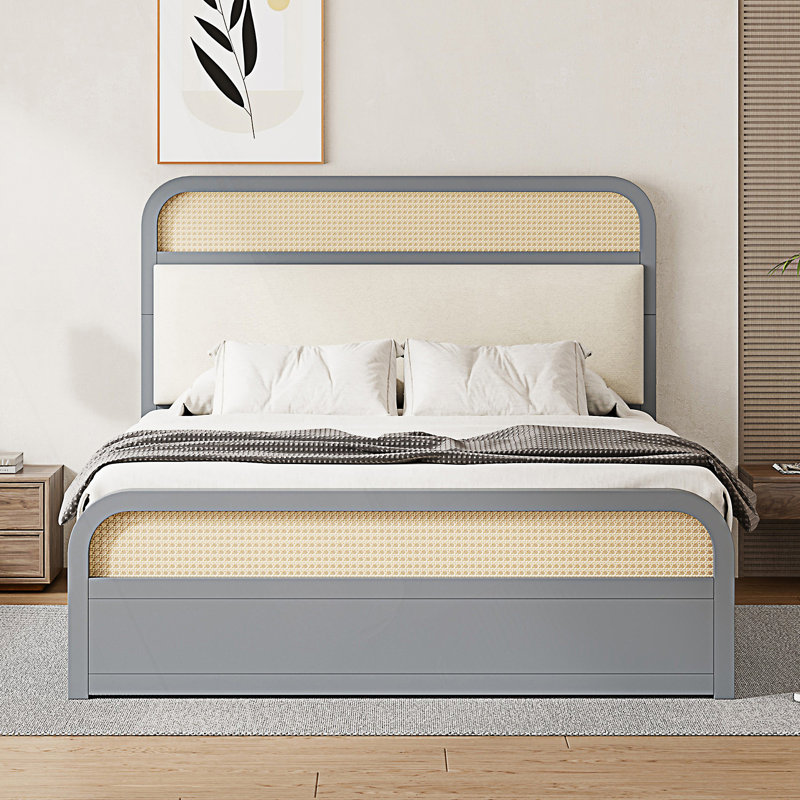 Grand lit plateforme moderne avec lit gigogne et 2 tiroirs, gris