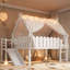 Lit mezzanine double pleine grandeur pour enfants avec glissade, escalier, tablettes de rangement, lumières DEL et garde-corps ronds, blanc-133665518-133665519