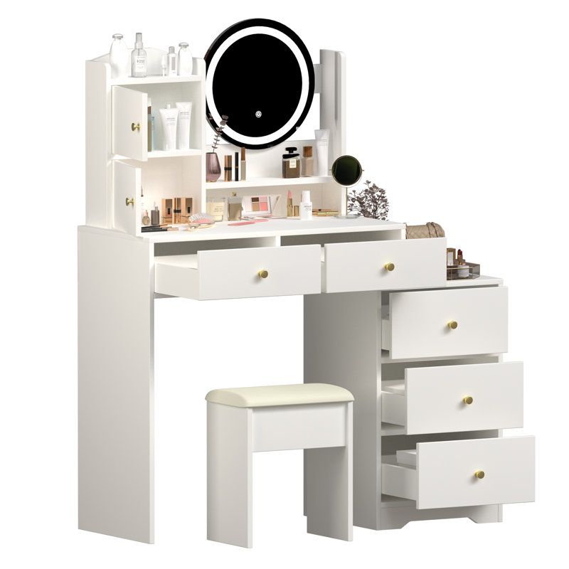 Bureau de coiffeuse avec fauteuil rembourré et miroir lumineux