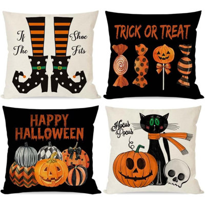 Coussins décoratifs d'Halloween 18 x 18, ensemble de 4 chauves-souris squelettes, chat noir, fantôme, décorations d'Halloween, coussins décoratifs pour l'intérieur et l'extérieur