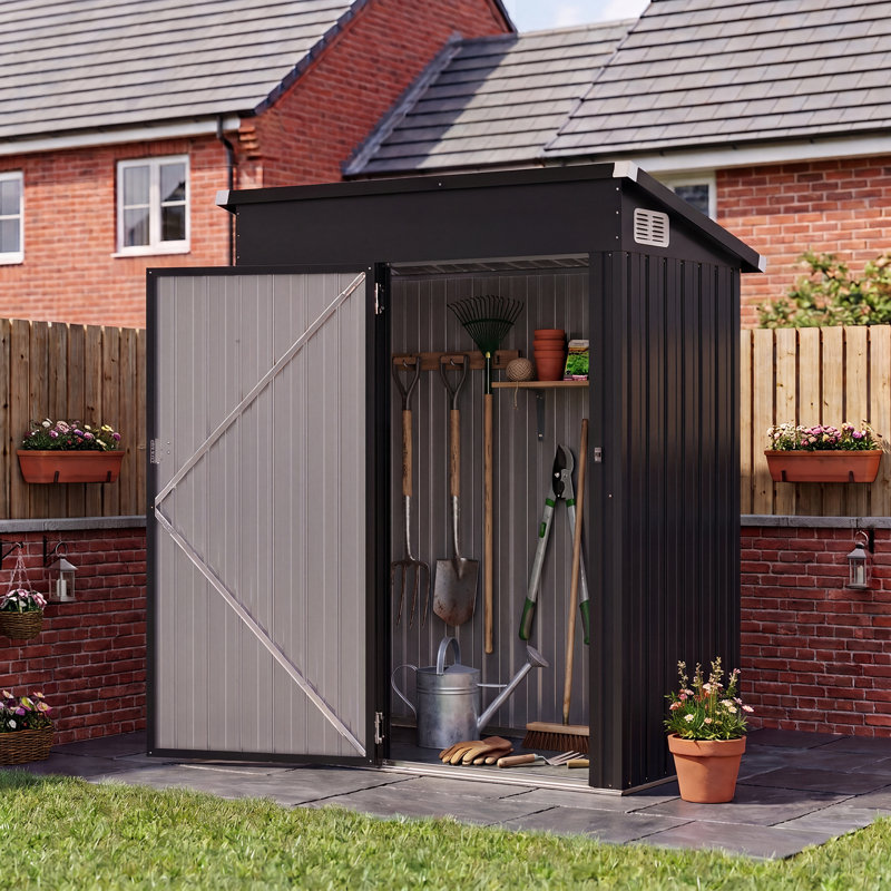 Galvanized Steel Metal Storage Shed with Sloping Roof, Lockable Door, Black