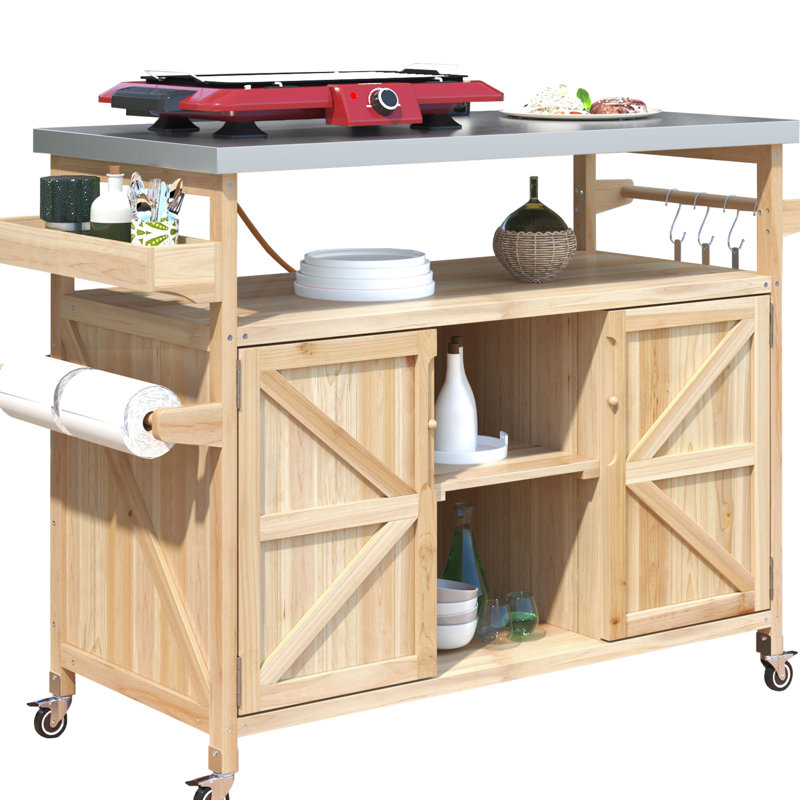Style Bar Cart - 4 S-Hook Hangers & Internal Shelves Luxury Outdoor Kitchen Island Magnetic Door Holder, Natural