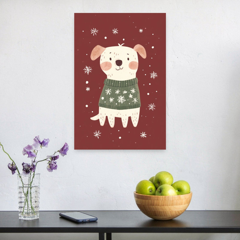 Cute Puppy Snowflake Sweater Abstract Contemporary Dog Winter Landscape Wall Art Print 1 Piece Wrapped Canvas Wall Art