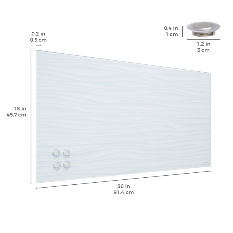 ECR4Kids MessageStor Magnetic Dry-Erase Glass Board with Magnets, 18in x 36in, Wall-Mounted Whiteboard, White Waves