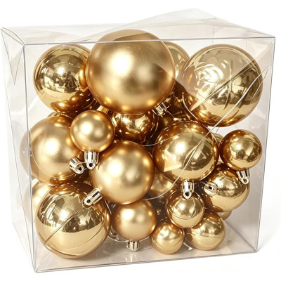 Boules de Noël décoratives pour sapin | Plastique incassable ; double fini lustré et mat ; assortiment de différentes tailles ; anneaux de suspension préenfilés ; boîte-cadeau réutilisable réutilisable ; l