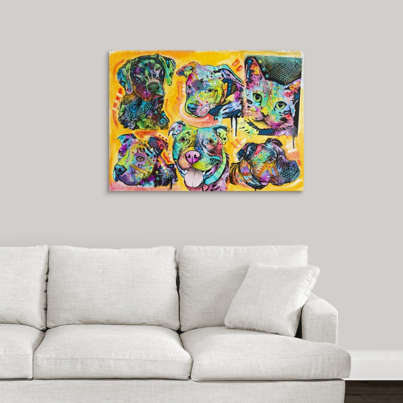 " 5 Dogs And A Cat " by Dean Russo, Wrapped Canvas, 18" H x 24" W x 1.25" D