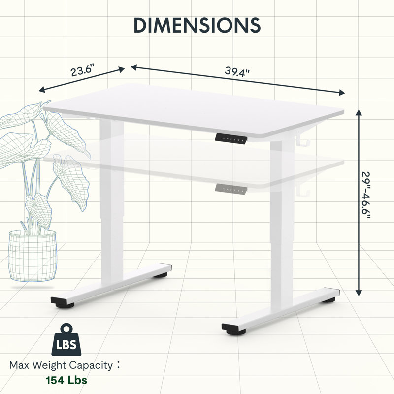 Bureau de travail debout à hauteur ajustable ergonomique avec crochets, Blanc, H 46,5 po x l 39,4 po x P 23,6 po