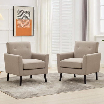 Ensemble de 2 fauteuils d'appoint de style Mid-Century, coussins en lin rembourrés avec coussins de siège plus épais et pieds en bois