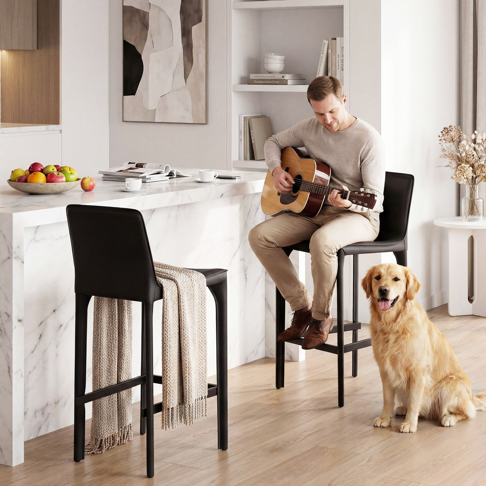 Vannes Vegan Leather Barstool, Black, 3