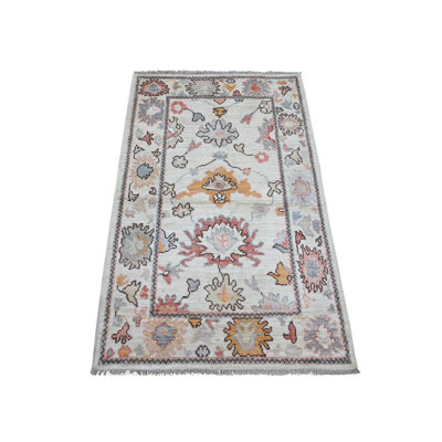 Tapis oriental noué à la main 3 pi x 4 pi 9 po, teinture naturelle, 100% laine, angus afghan Oushak avec motif de feuilles colorées