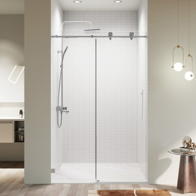 46-48 In W X 76 In H Shower Door, Frameless Single Sliding With Soft-Close 5/16 In Tempered Glass Door Smooth Rollers Stainless Steel Hardware Modern Bathroom Enclosure For Spacious Shower Experience