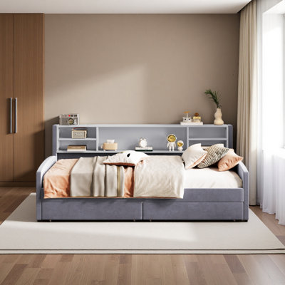 Lit plateforme simple tapissier avec rangement et tiroirs