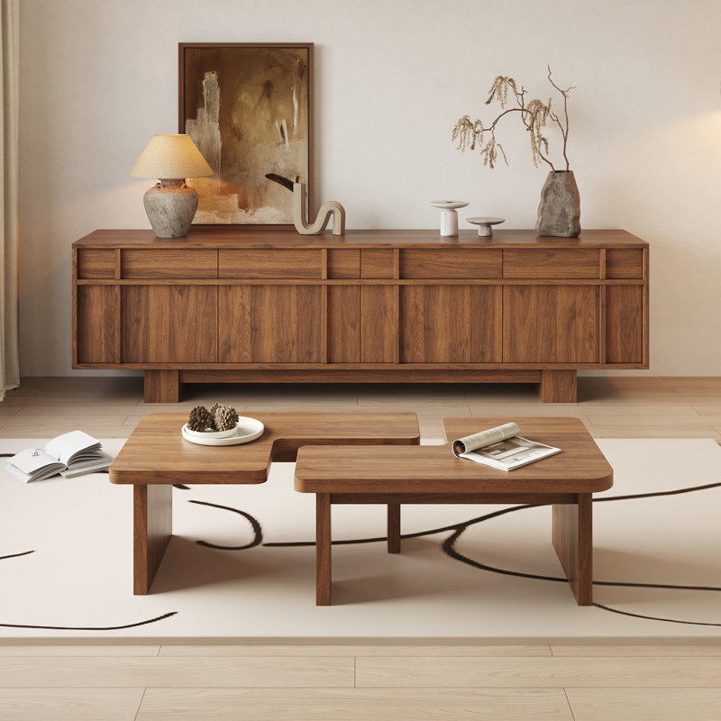 Ensemble de meuble télé moderne et table basse de 2, console de télévision avec 4 tiroirs et 4 portes d'armoire, tables centrales de forme ajustable avec plateau spacieux pour le salon