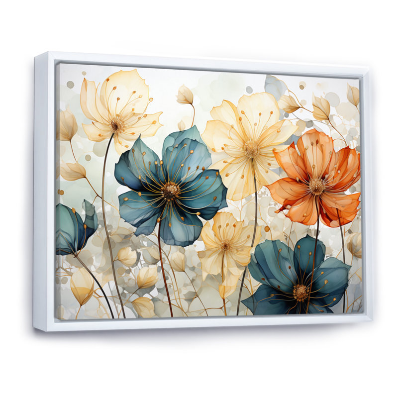 «Teal Orange Petal Mosaics I», art mural abstrait botanique pour le salon, H 12 po x l 20 po, Blanc
