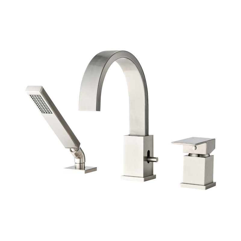 Waterfall Bathtub Faucet With Sprayer, 3-Hole Roman Tub Filler With Hand Shower Deck Mount Waterfall Tub Spout Set