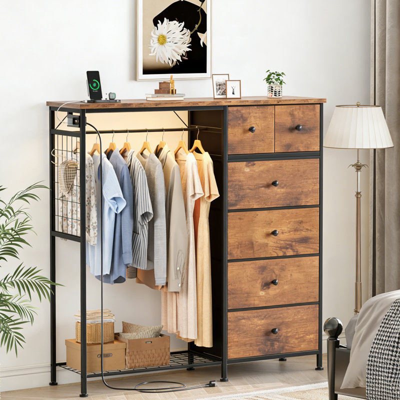 6 Fabric Drawer Dresser with Hanging Rack LED Light and Charging Station with Clothes Rack, Storage Chest, White