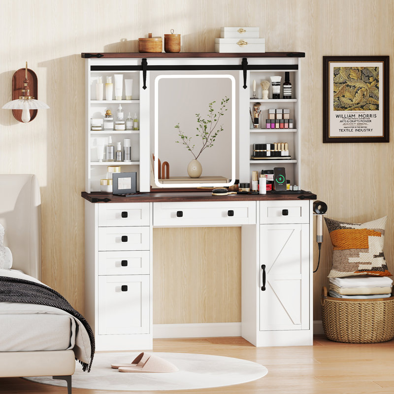  Vanity Desk w/Touch Screen Mirror Farmhouse Dressing Table w/Charging Station