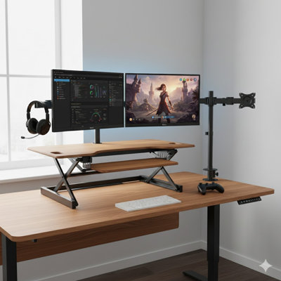  46 in. Beige Height Adjustable Standing Desk Converter with Double Monitor Mount and Deep Keyboard Tray