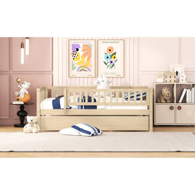 Twin Size Daybed With Trundle And Fence Guardrails In Natural - Practical Sleeping Solution Wood Protective Quality Stable