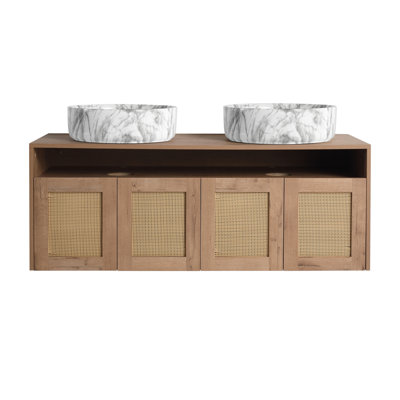 Meuble-lavabo 48 po avec 2 lavabos en céramique, 4 portes à fermeture en douceur, montage flottant, contreplaqué (emballage KD)