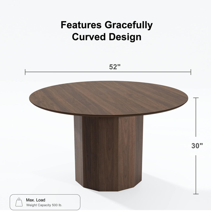 Solid Wood Dining Table Round Pedestal Kitchen Table, Walnut, 30”H x 52”L x 52”W