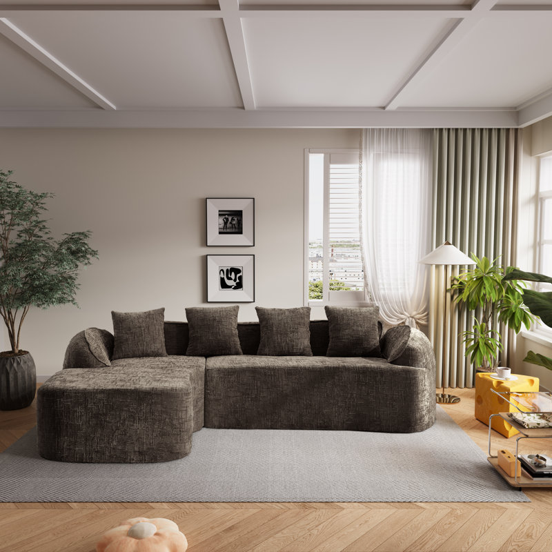 Canapé modulaire en forme de L sans accoudoirs en chenille avec accoudoirs courbés et 4 coussins en chenille, Chenille brun