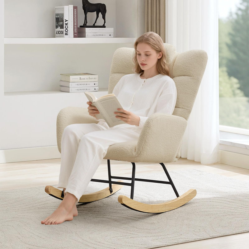 Chaise berçante rembourrée à haut dossier et fauteuil berçant oscillant pour le salon, Beige