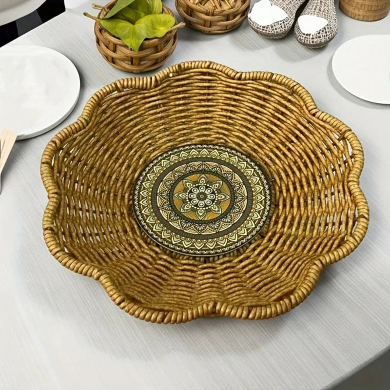 A Handcrafted Woven Storage Tray in a High-Foot Wave Shape, Featuring a Bohemian Pattern, 8.66" W x 8.66" D x 2.36" H