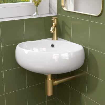 14 In. Corner Wall Mount Bathroom Sink White Ceramic Oval Countertop Vessel Sink Bathroom Corner Floating With Overflow And Single Faucet Hole