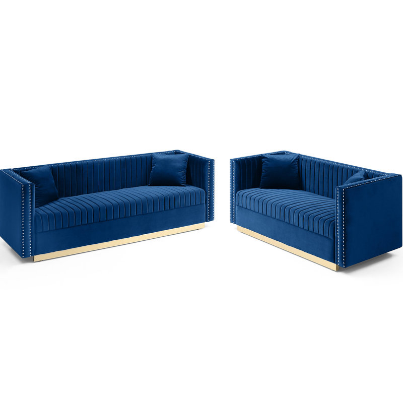 Ensemble de 2 pièces modernes en velours rembourré, bleu pour le salon