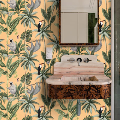 Orange Tropical Jungle Wallpaper with Monkeys