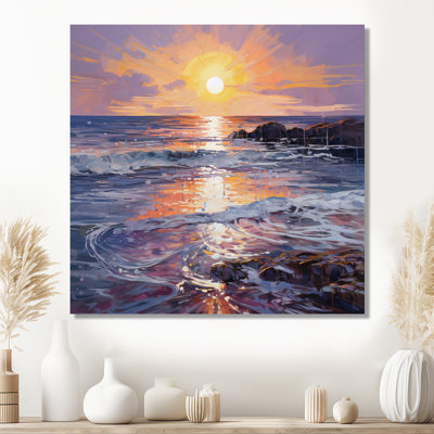 Purple Sunset Calm Waves Breaking At The Shore - Sunset Wall Art Print