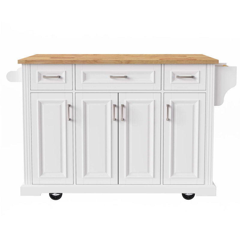 54Inch Large Kitchen Island With Rubber Wood Drop Leaf, Embossed Texture Rolling Kitchen Cart On 4 Wheels With 4 Doors And 3 Drawers