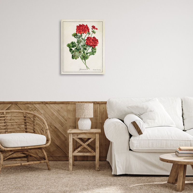 «Vivid Red Geranium Blossoms», art mural par Danielle Murray, H 24 po x l 30 po