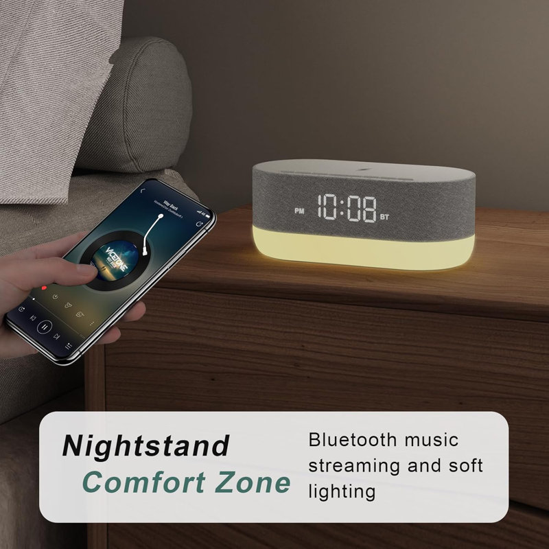 3 In 1 Sound Machine Alarm Clock& Wireless Charger Soothing White Noise Bluetooth Music Relaxation & Customized Sleep-Wake Routine