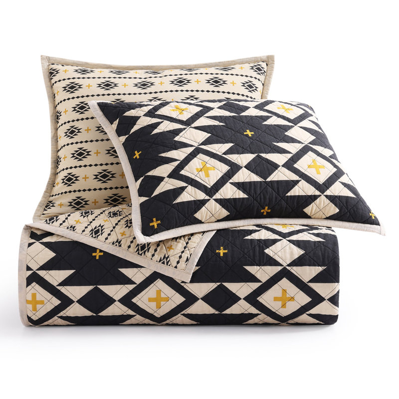 King Size Black and Beige Cotton Reversible Quilt Set