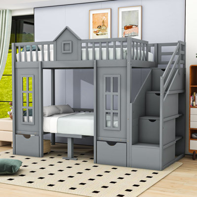 Kinnsley Wooden Playhouse Bunk Bed With Storage Drawers, Transformable Lower Bunk Into Desk