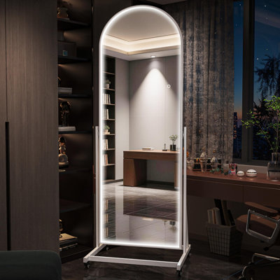 71"x24" Arched Full Length Mirror with Lights?Rolling Floor Mirror with Wheels & 360° Rotation, 3-Color Dimmable Lighting & Swivel Stand Full Body Mirror for Bedroom, Dressing Room, Home Gym