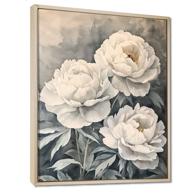 Art mural rétro, pivoines à l'ombre, H 32 po x l 24 po, Reproduction avec cadre flottant, Crème, crème