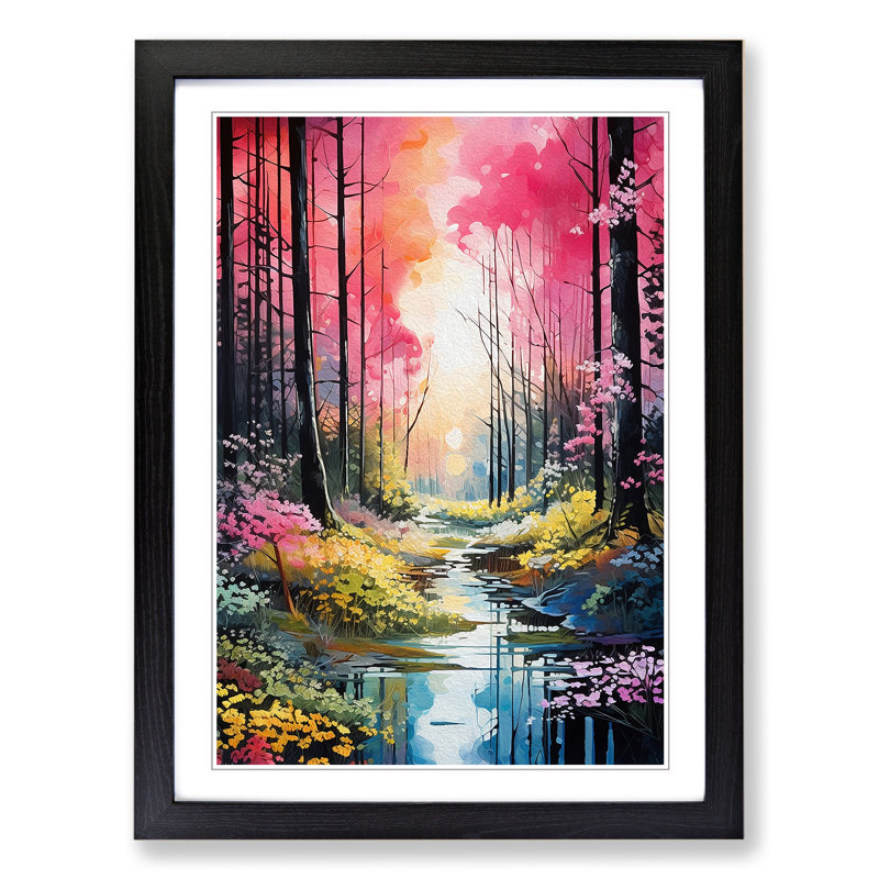 Spring Forest Neo-Plasticism - Single Picture Frame Print on Wood, 64cm H x 46cm W x 2cm D, Black Framed