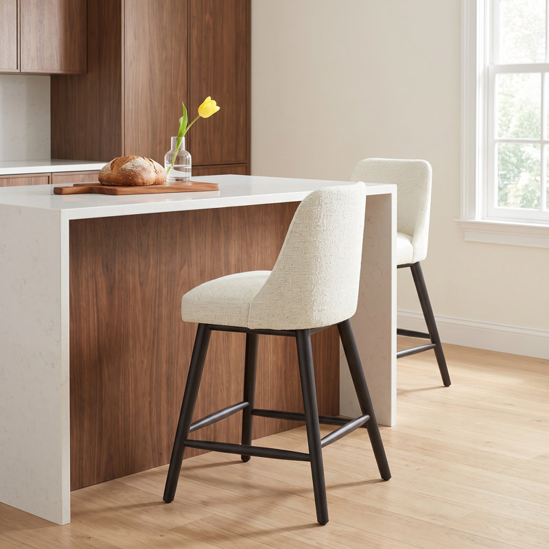 Gallie Upholstered Counter Stool with Solid Wood Frame, Counter Stool (27” Seat Height), Black, Classic Snow Boucle