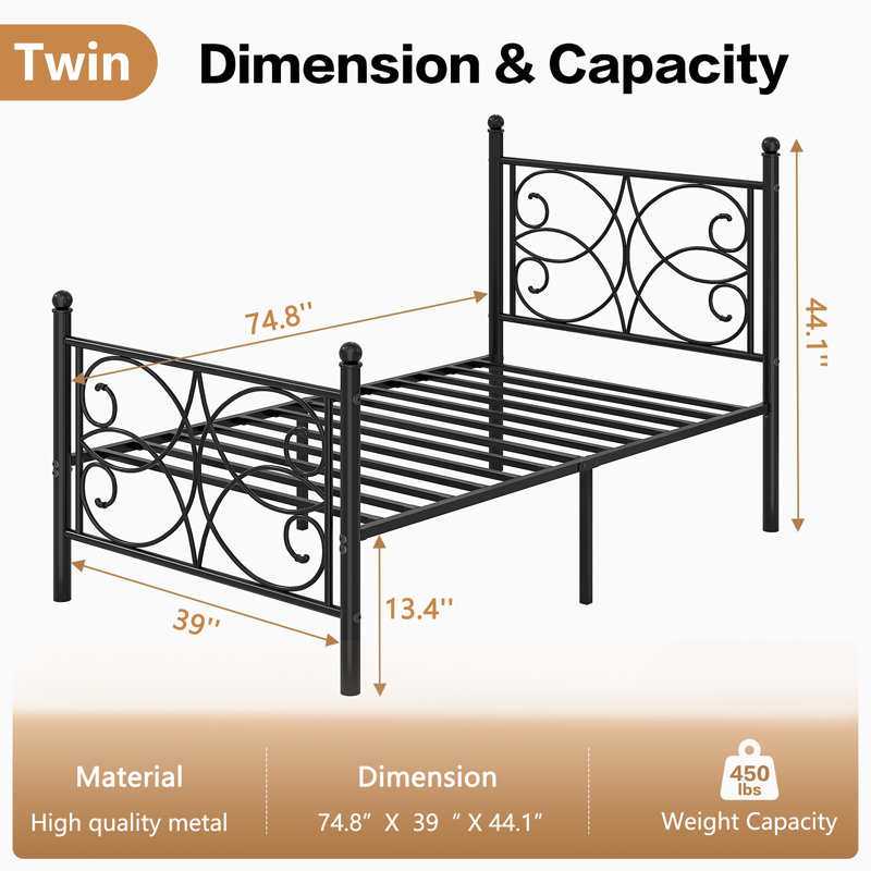2PCS Single Metal Bed Frames With Headboard And Footboard For Kids Teenagers Adults, Black