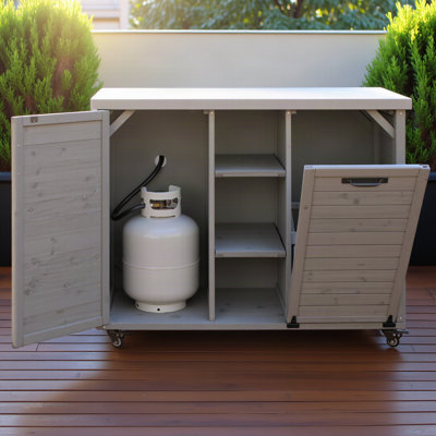 78.3" Outdoor Kitchen Island with Foldable Grill Table, Wooden Outdoor Grill Cart with Trash Can Storage & Stainless Steel Top, Outdoor Bar Cart, Pizza Oven Table for Lawn & Garden, Grey Blue