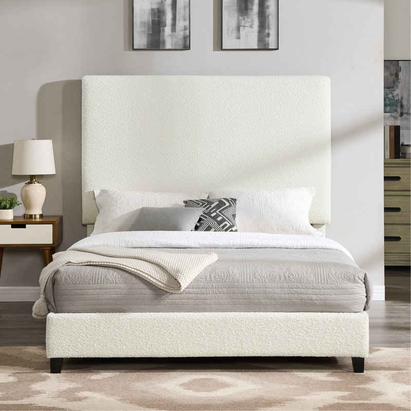Grand lit plateforme tapissier blanc Boucle, Grand lit