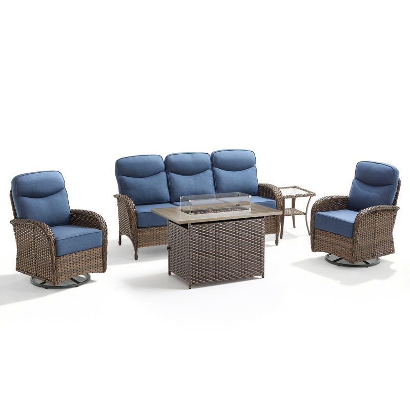 Ensemble de conversation d'extérieur en osier 5 pièces avec canapé et chaises pivotantes, Bleu, Gray