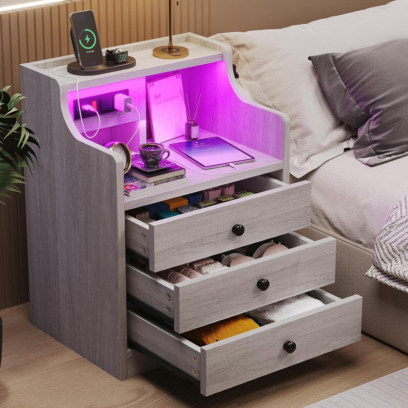 Nightstand Set Of 2 With Charging Station, Led Bedside Table With Drawers, Gray
