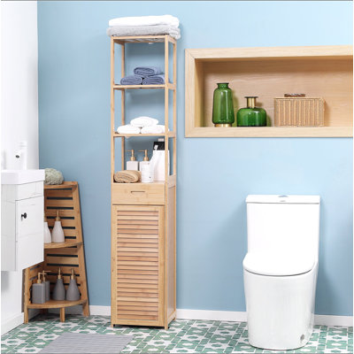 Armoire de salle de bain haute avec tiroir et tablettes à lattes, tour en lin de bambou mince avec porte à persiennes