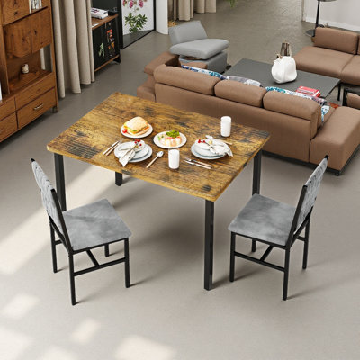Modern Minimalist 3-Piece Dining Table Set for 2, Rectangular Dinner Table & 2 Upholstered Chairs with Boho Woven Tufted Back, Heavy Duty Metal Frame