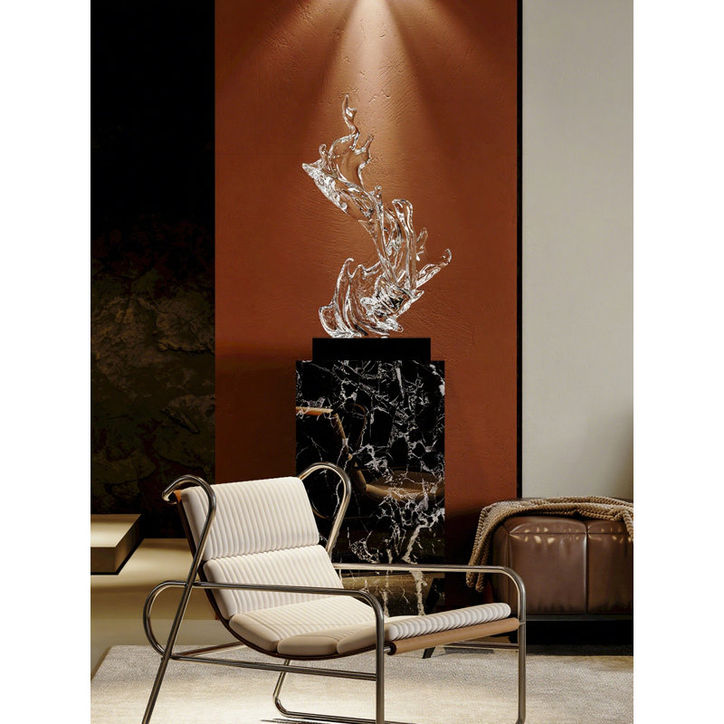 Transparent Wave Abstract Fiberglass Marble Base Sculpture Decoration Item, Clear